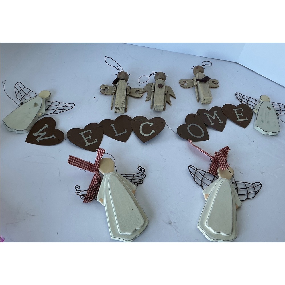 Vintage Angel Ornament Set Welcome Heart Garland Rustic Farmhouse OS